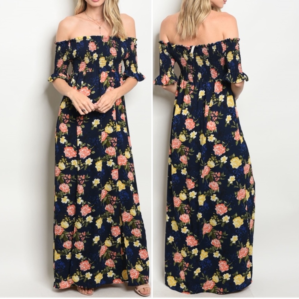 NAVY & FLORAL PRINT SMOCKED TOP MAXI DRESS - Picture 1 of 7